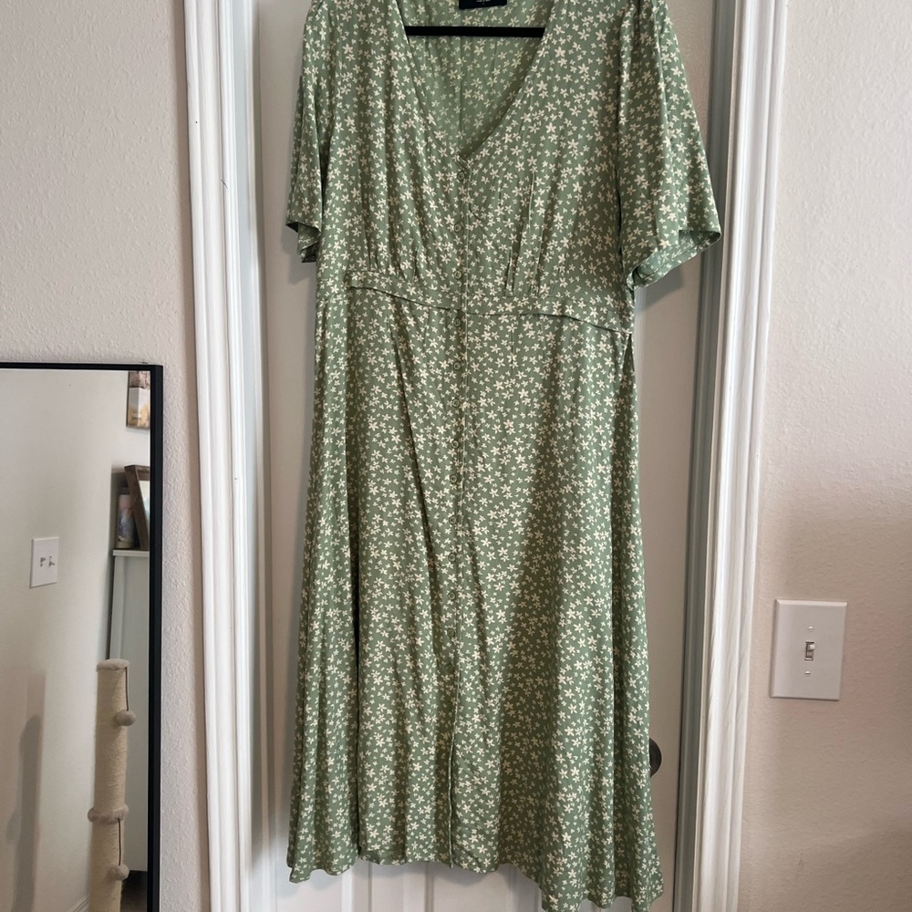 Able Green and White Flutter Sleeve Wrap Midi Dress
